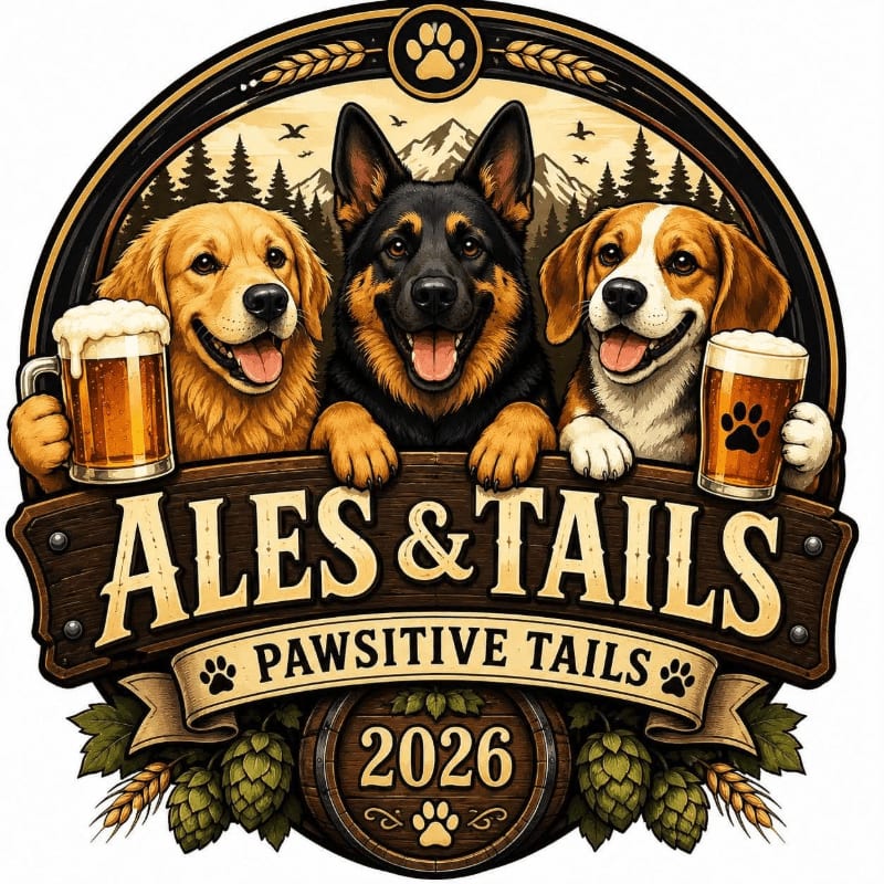 Three happy dogs, two holding mugs of beer, are featured in the foreground against a backdrop of mountains and pine trees.