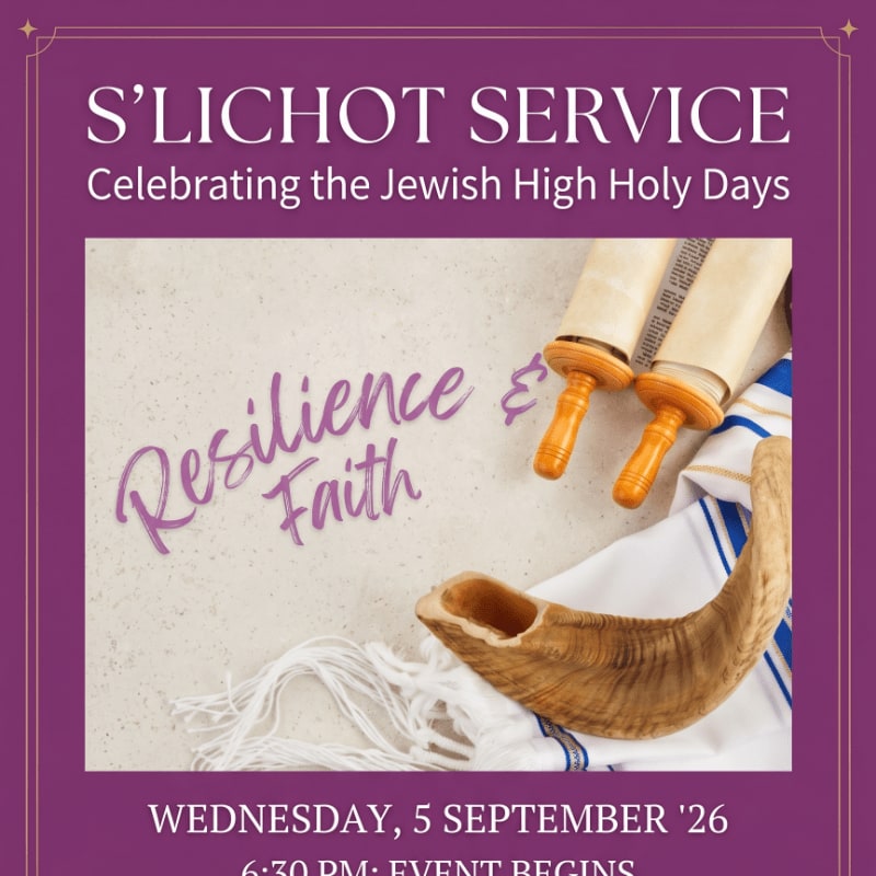 A shofar and Torah scrolls rest on a white cloth in the foreground, with the words "Resilience & Faith" written on a textured background, all framed by a purple border advertising a S'lichot Service.