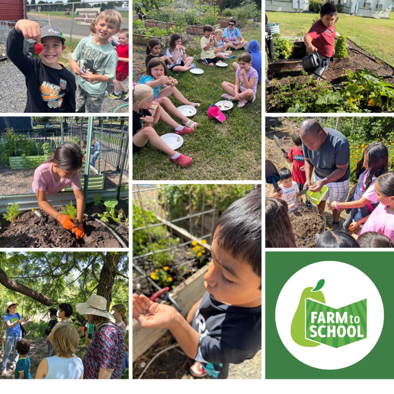 Children and adults are engaged in various gardening activities, from harvesting produce to planting, with a "Farm to School" logo in the bottom right corner.