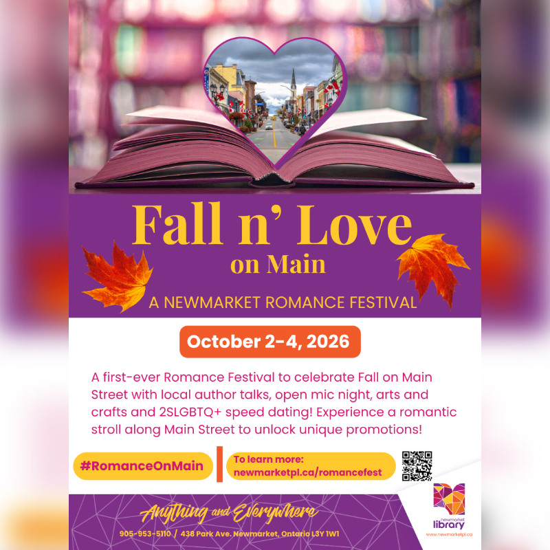 An open book with a heart-shaped scene of a street in the background is placed above text announcing the "Fall n' Love on Main" Romance Festival.