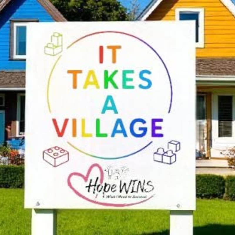A white sign with "IT TAKES A VILLAGE" in rainbow colors and "Hope WINS" below it stands on a green lawn in front of colorful houses.