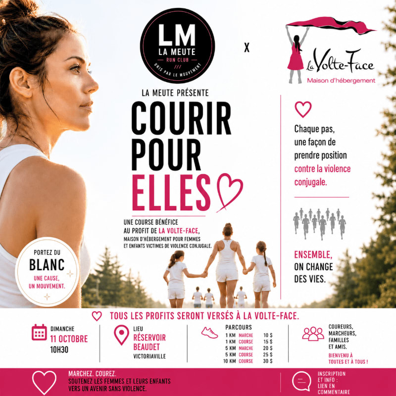 A woman in the foreground wears white and looks to the left, while the background features event details for a charity run called "Courir Pour Elles" benefiting La Volte-Face.