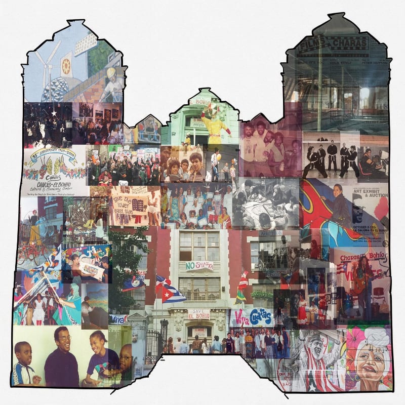 A collage of historical photographs depicting community events and people fills the silhouette of a building, with a mural visible on the upper left section.