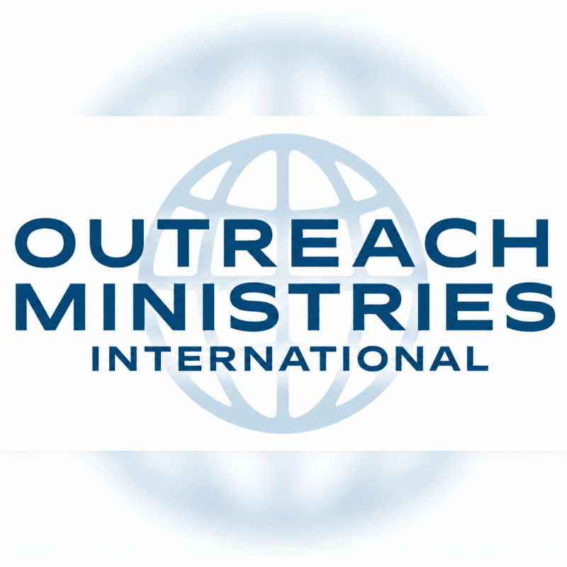 A stylized globe with the words "OUTREACH MINISTRIES INTERNATIONAL" in dark blue text is centered on a white background with a soft blue gradient.