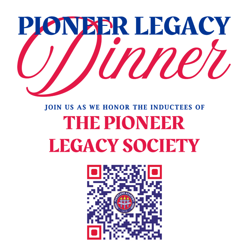 A white background features the words "PIONEER LEGACY Dinner" in blue and red text, with a QR code at the bottom.