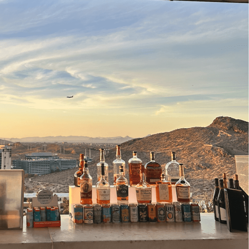 Bottles of liquor and cans of beer are displayed on a bar in the foreground, with a desert landscape and a plane in the sky in the background.