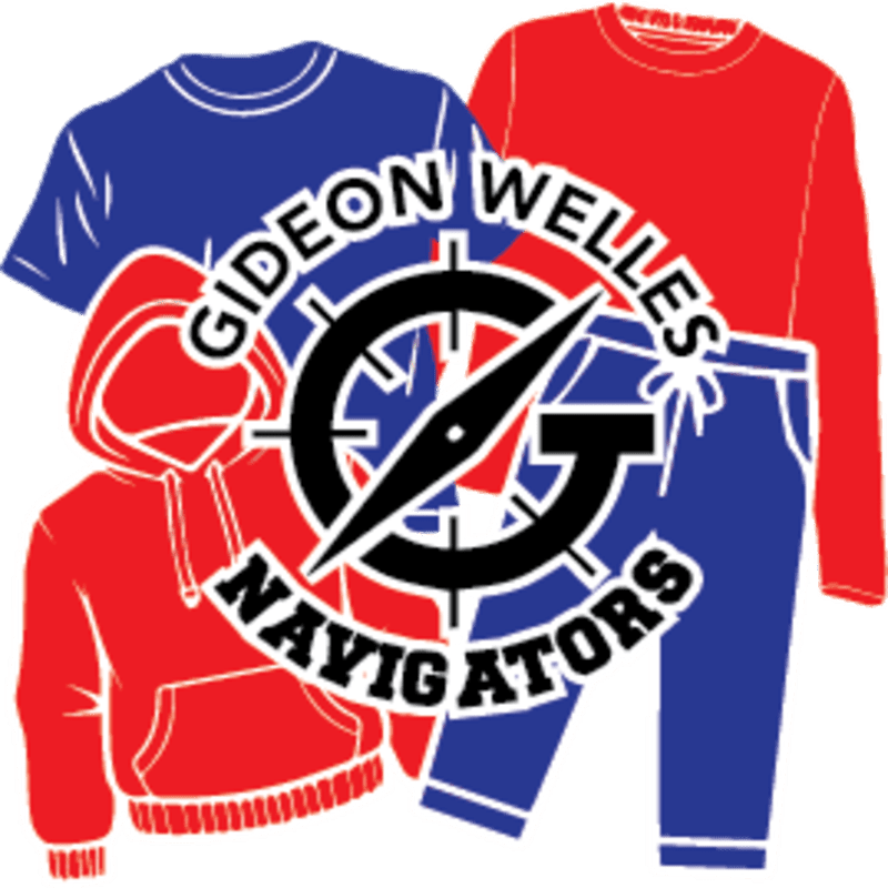 A red hoodie and blue t-shirt are in the foreground, with a red long-sleeved shirt and blue pants in the background, all surrounding a compass logo with "GIDEON WELLES NAVIGATORS" written around it.