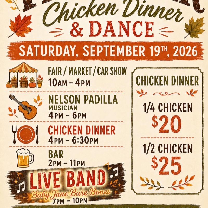 A flyer advertises a "Chicken Dinner & Dance" on Saturday, September 19th, 2026, with details on food, music, and activities set against a rustic, autumnal background.