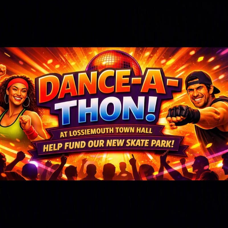 A vibrant "DANCE-A-THON!" banner with a disco ball and energetic dancers in the foreground is set against a background of bright, radiating lights and a cheering crowd.