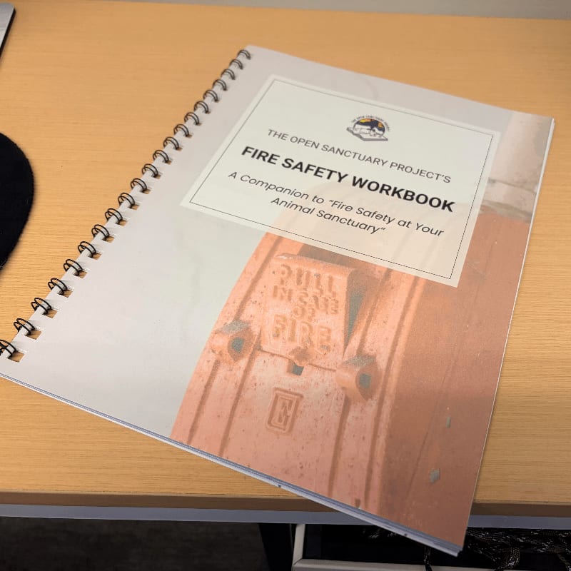 A spiral-bound workbook titled "Fire Safety Workbook" lies open on a wooden desk, with a blurred image of a fire alarm box on its cover.