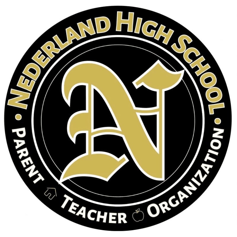 A large, ornate gold letter "N" is centered on a black background within a circular emblem that reads "Nederland High School Parent Teacher Organization" in gold lettering around the edge.