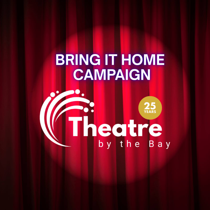 A spotlight illuminates the "BRING IT HOME CAMPAIGN" text and the "Theatre by the Bay" logo against a backdrop of red velvet curtains.