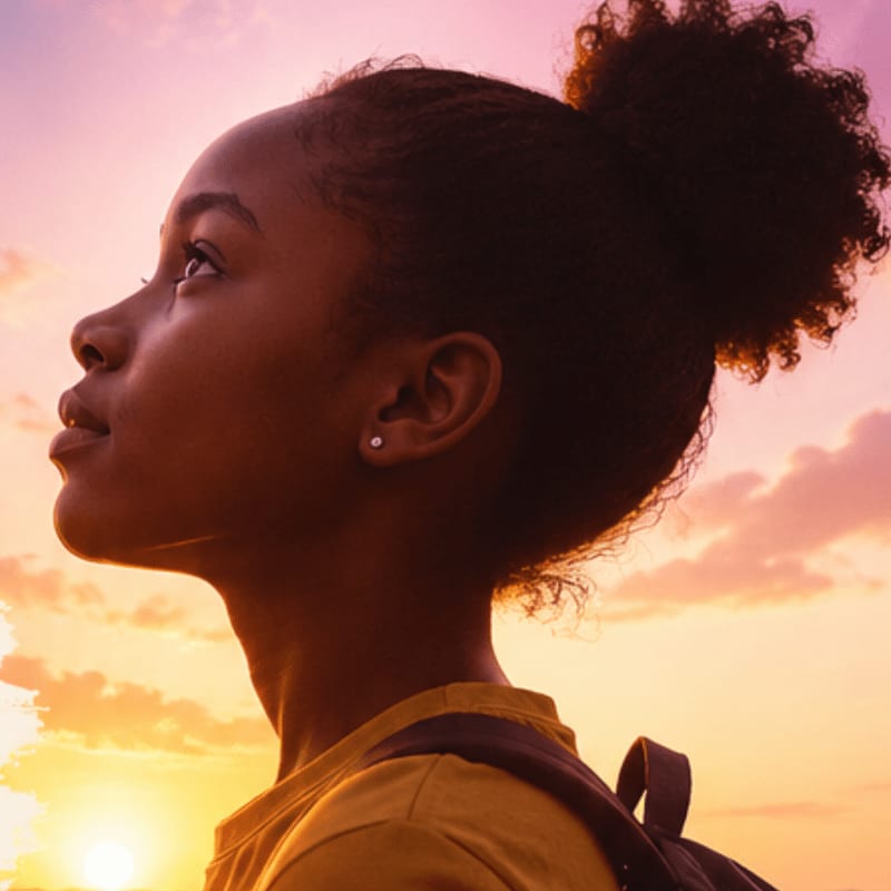 A young girl with her hair in a bun looks up at a vibrant sunset sky.