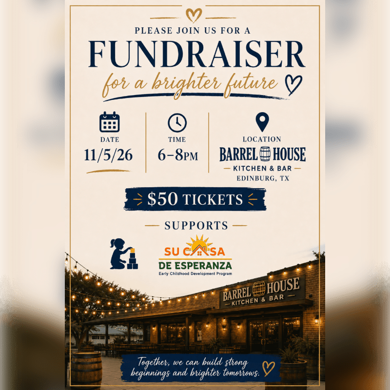 A fundraiser flyer for "Su Casa de Esperanza" is displayed against a background of a warmly lit Barrel House restaurant.