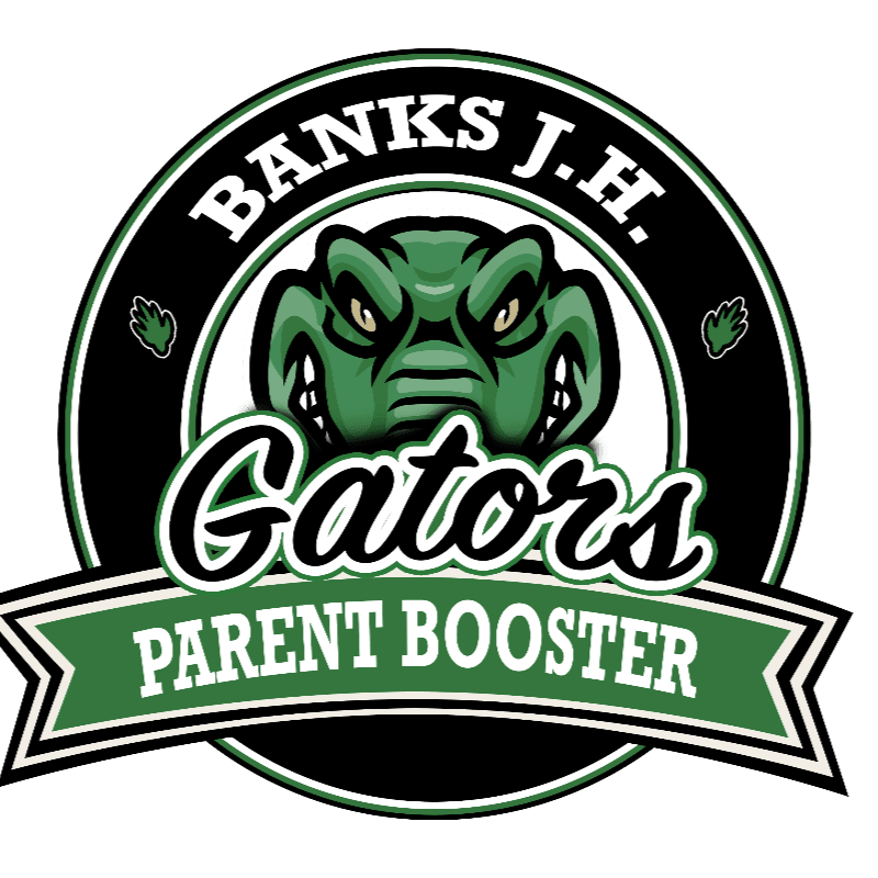 A fierce green alligator head with sharp teeth is the central focus, set against a circular emblem that reads "BANKS J.H. GATORS" with a banner below proclaiming "PARENT BOOSTER" on a white background.