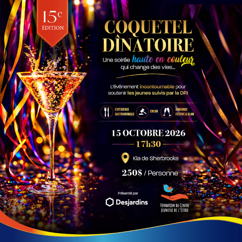 A sparkling cocktail in the foreground is set against a vibrant, celebratory background of confetti and streamers, advertising a "Coquetel Dînatoire" event.