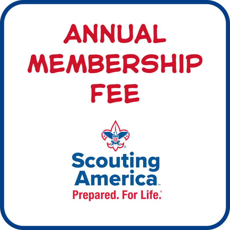 Red text reading "ANNUAL MEMBERSHIP FEE" is centered above the Scouting America logo, all on a white background with a blue border.
