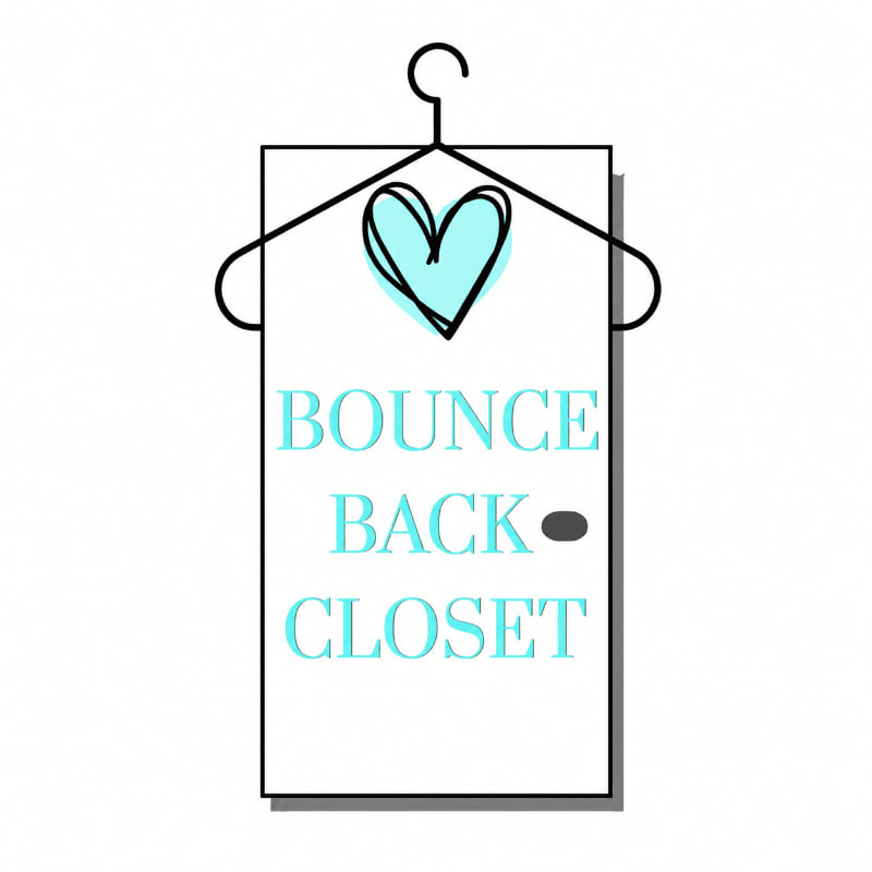 A stylized closet door with a heart and text "BOUNCE BACK CLOSET" hangs on a hanger against a white background.