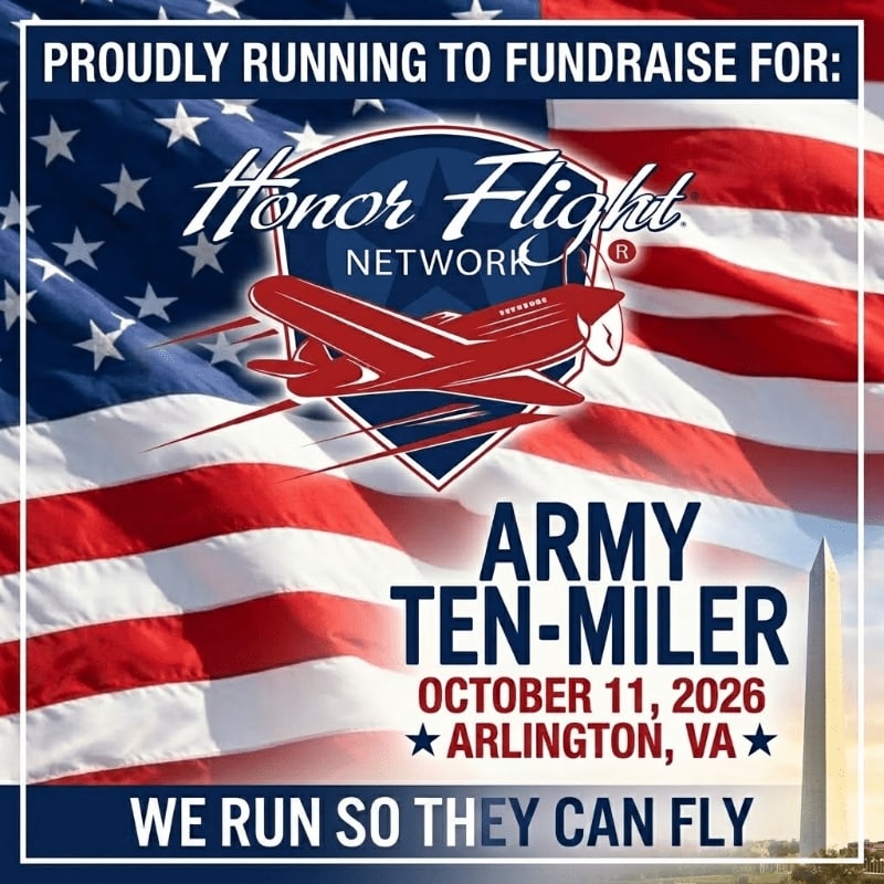 A red airplane and text about the Army Ten-Miler fundraiser are superimposed over a blurred American flag and the Washington Monument.