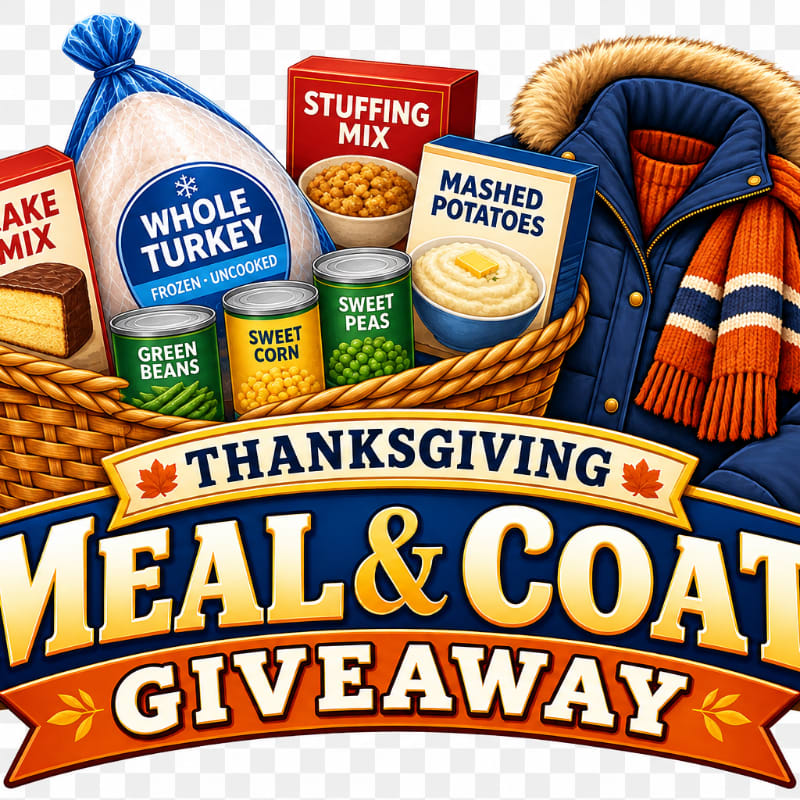 A basket overflows with Thanksgiving meal ingredients and a warm coat, set against a festive "Thanksgiving Meal & Coat Giveaway" banner.