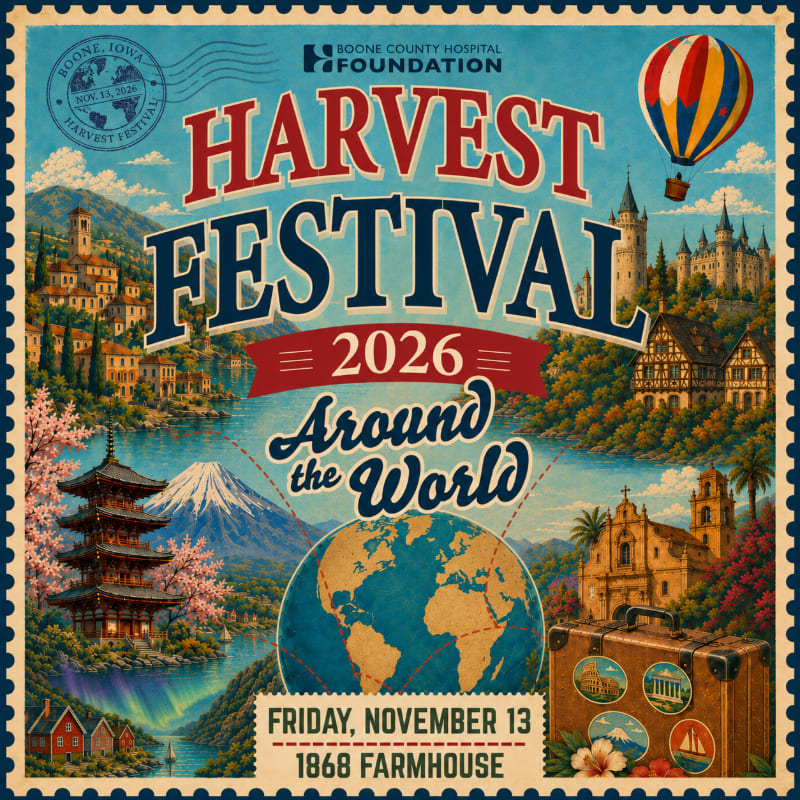 A vintage-style poster for the "Harvest Festival 2026 Around the World" features a globe and suitcase in the foreground, with diverse global landmarks like a pagoda, European castles, and a hot air balloon in the background.