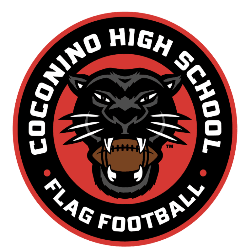 A fierce black panther with a football in its mouth is centered within a red and black circular logo that reads "Coconino High School Flag Football" against a white background.