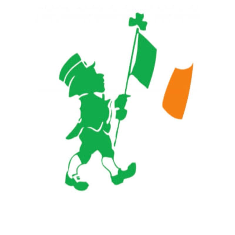 A green leprechaun in a hat marches forward holding a flag with a shamrock on top, while a portion of the Irish flag waves to the right against a white background.