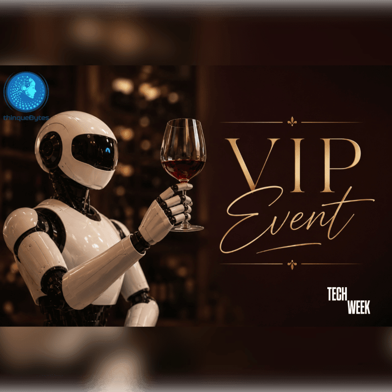 A white robot holds a glass of red wine in the foreground, with a "VIP Event" and "Tech Week" graphic in the background.