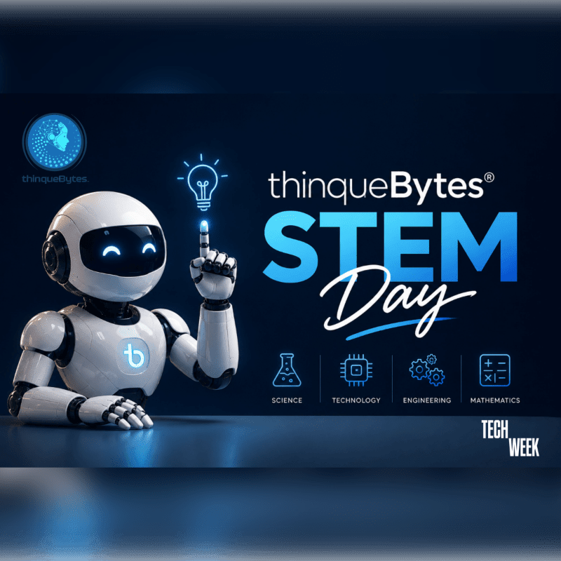 A friendly white robot with a glowing lightbulb above its head points towards the "STEM Day" logo, with icons representing science, technology, engineering, and mathematics in the background.