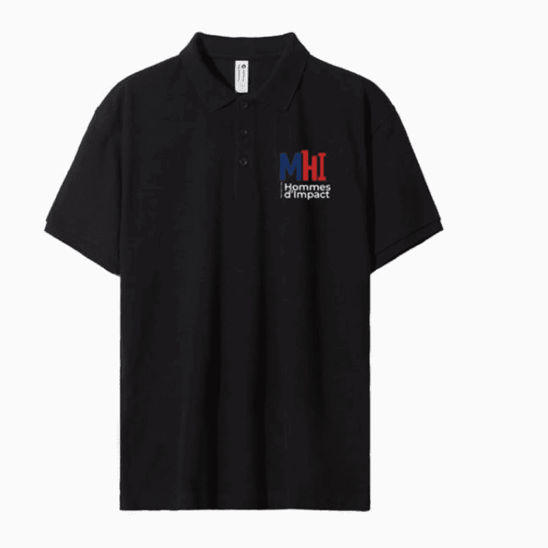 A black polo shirt with a red, white, and blue "MHI Hommes d'impact" logo is displayed against a plain white background.