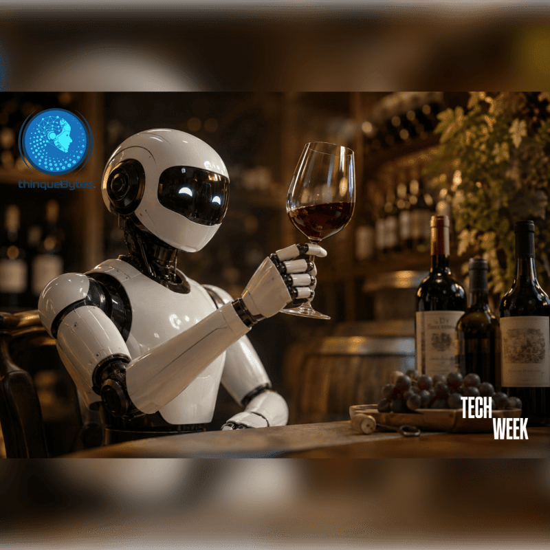 A white robot with glowing eyes holds a glass of red wine in the foreground, while bottles of wine and a barrel are visible in the dimly lit background.