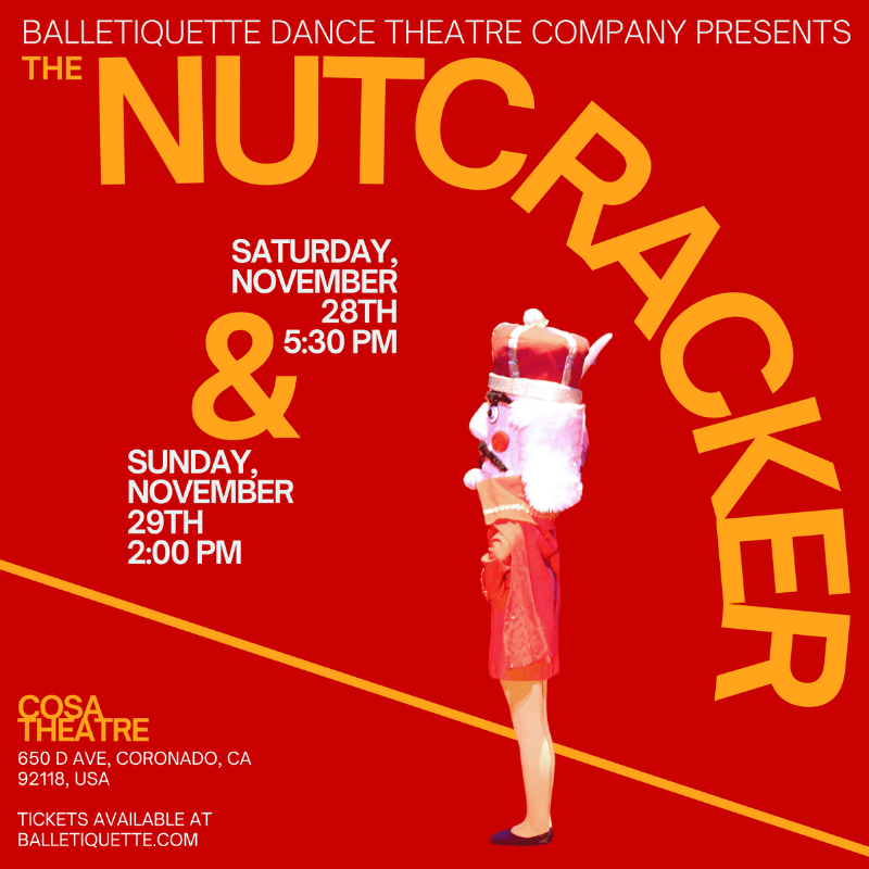 A stylized nutcracker figure stands against a vibrant red background advertising "The Nutcracker" ballet performance.