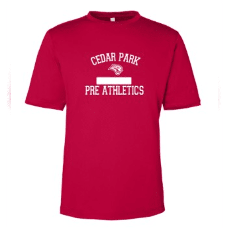 A bright red t-shirt with "CEDAR PARK PRE ATHLETICS" and a mascot logo is displayed against a plain white background.