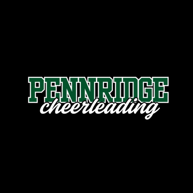 Green and white text reading "PENNRIDGE cheerleading" is centered on a black background.