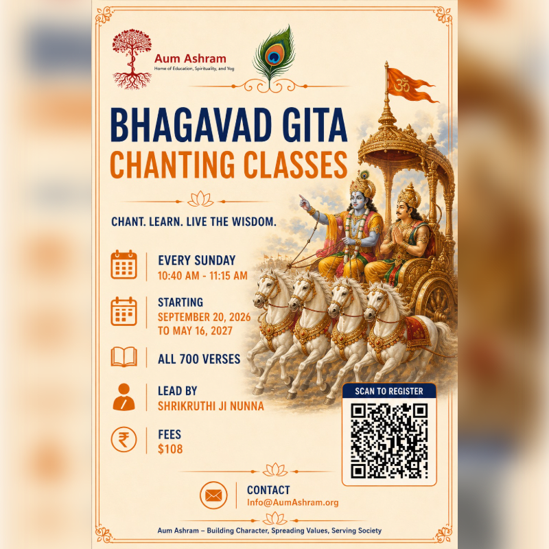 A flyer for Bhagavad Gita chanting classes features Krishna and Arjuna on a chariot in the background, with details about the class schedule, fees, and contact information in the foreground.