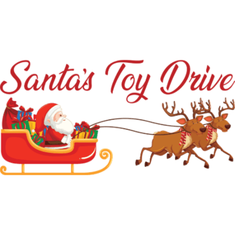 Santa Claus in his sleigh filled with gifts is pulled by reindeer across a white background with the words "Santa's Toy Drive" in red script above.