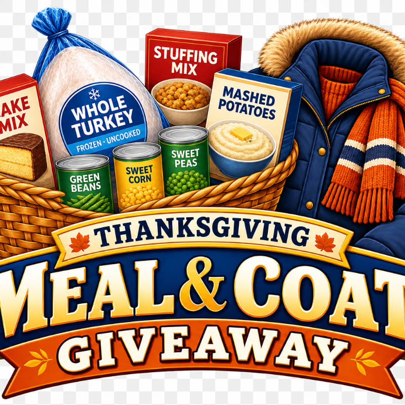 A basket overflows with Thanksgiving meal ingredients and a warm coat, set against a festive "Thanksgiving Meal & Coat Giveaway" banner.