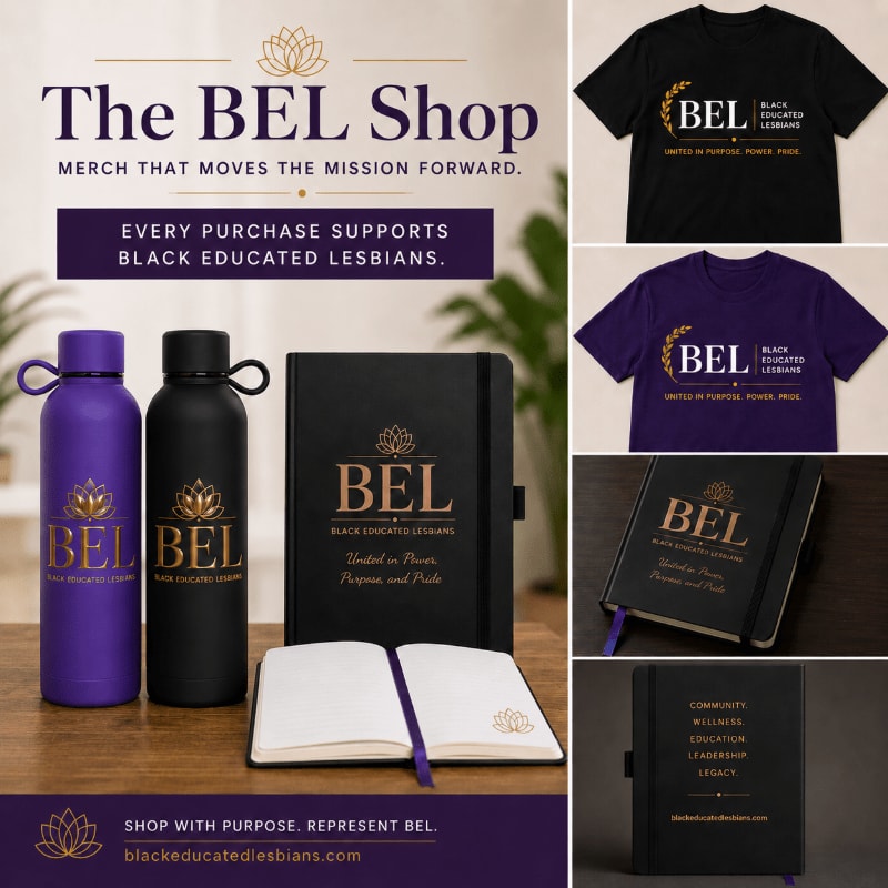 Purple and black water bottles and notebooks are displayed in the foreground, with t-shirts featuring the BEL logo in the background.