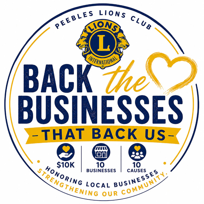 A circular logo for the Peebles Lions Club features the text "BACK the BUSINESSES - THAT BACK US -" in the foreground, with a stylized heart and the Lions International emblem above, all set against a white background.