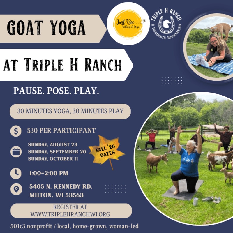 A flyer advertises goat yoga at Triple H Ranch with a photo of people doing yoga with goats in a grassy field in the background and a smaller inset photo of a woman with a goat in the foreground.