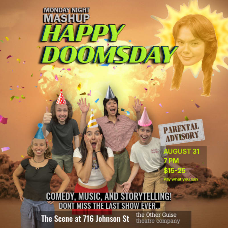 Five people in party hats celebrate in front of a cartoonish explosion and a smiling sun with a face, advertising a "Happy Doomsday" event.