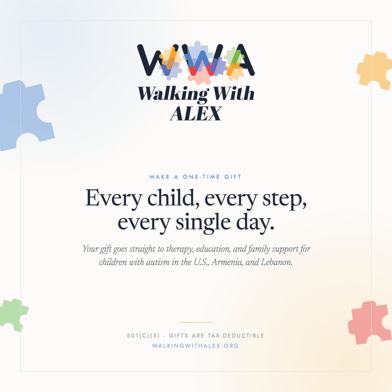Colorful puzzle pieces float around a white background featuring the "Walking With ALEX" logo and a message about supporting children with autism.
