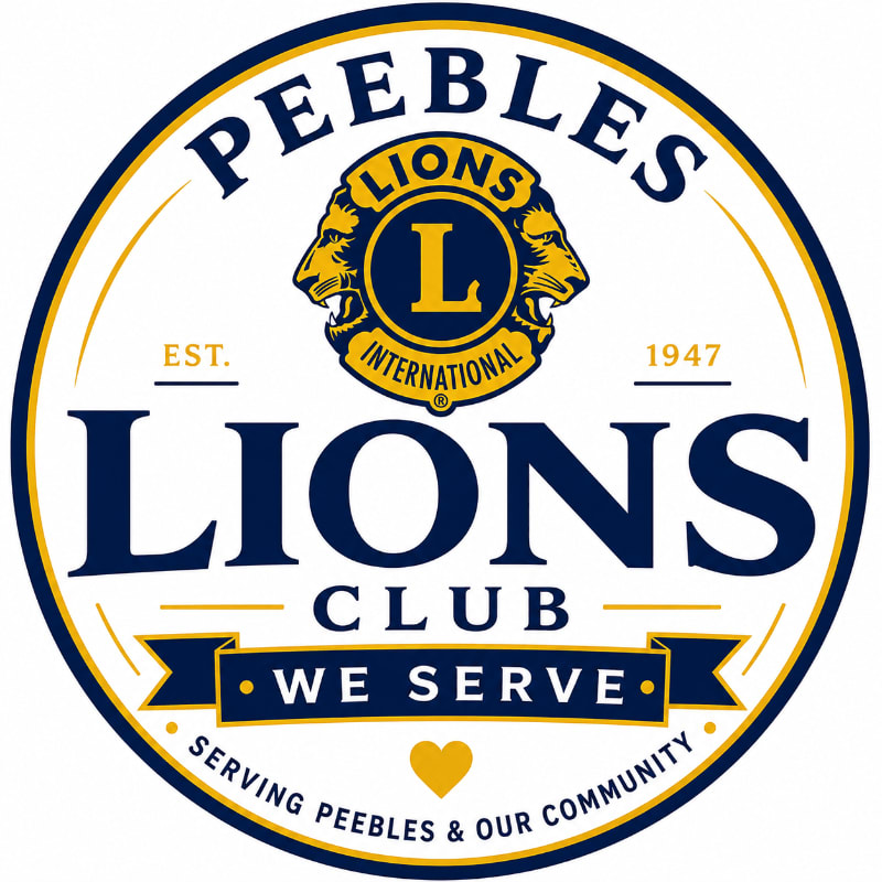 A circular logo with "PEEBLES LIONS CLUB" and "WE SERVE" prominently displayed in the foreground, set against a white background with a yellow border.
