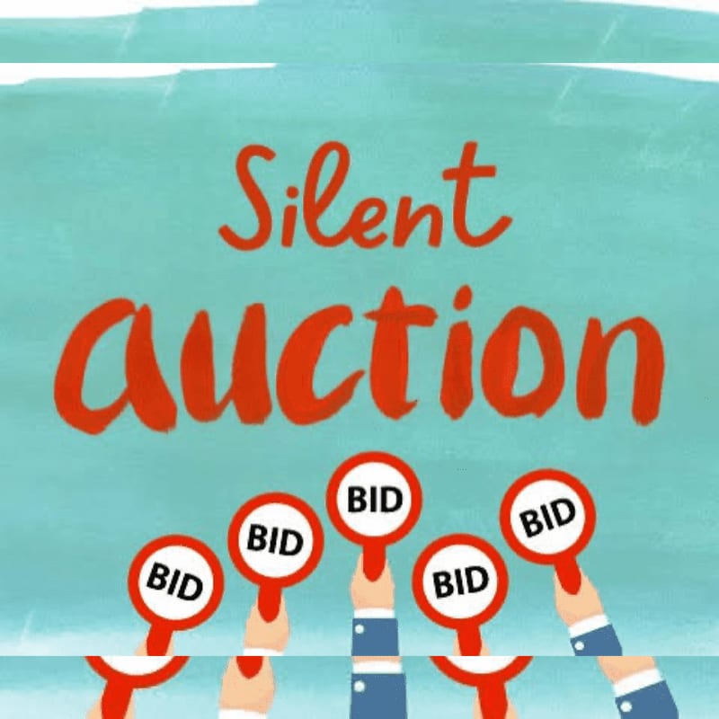 Hands hold up "BID" signs in front of a teal background with "Silent Auction" written in red.