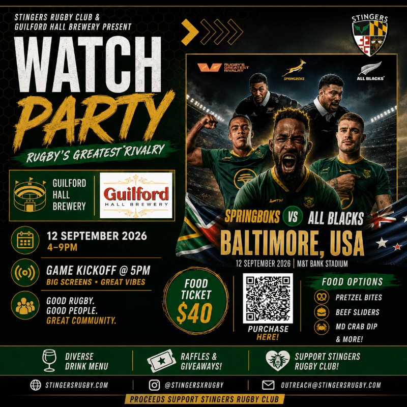 A flyer advertises a rugby watch party for the Springboks vs. All Blacks game, featuring event details in the foreground and images of rugby players in the background.