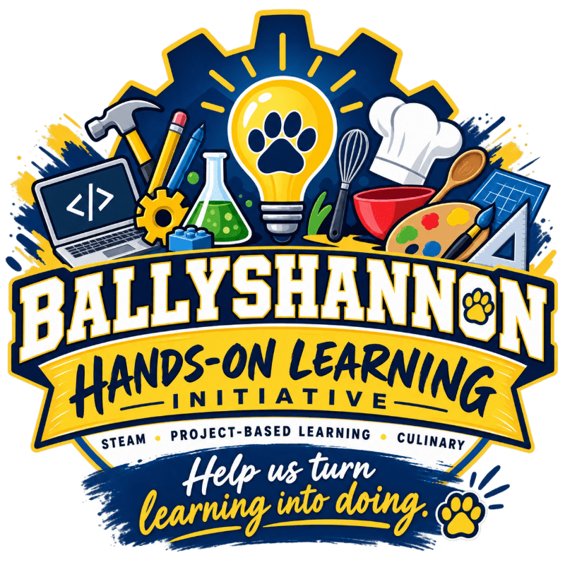 A bright yellow lightbulb with a paw print inside illuminates a colorful array of STEAM and culinary tools in the foreground, set against a dark blue background with the text "Ballyshannon Hands-On Learning Initiative" prominently displayed.