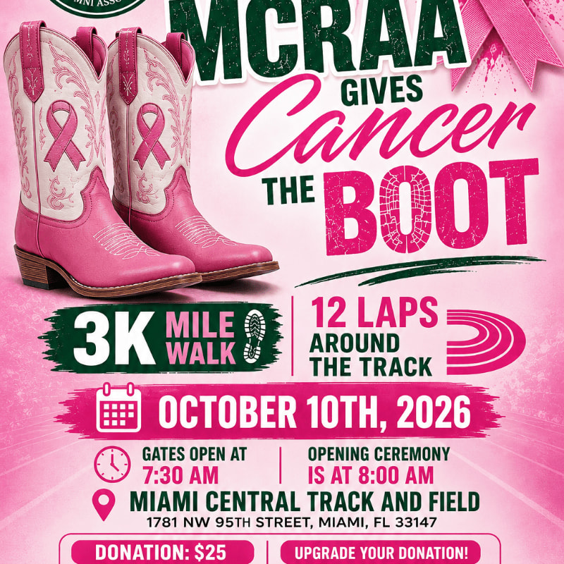 Pink cowboy boots with cancer ribbons are in the foreground, with event details for a 3K walk and run in the background.