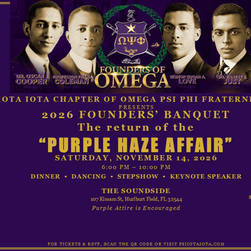 Four founders of Omega Psi Phi are pictured in the foreground above text announcing the "Purple Haze Affair" banquet.