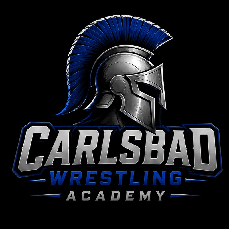 A metallic Spartan helmet with a blue plume sits above the words "CARLSBAD WRESTLING ACADEMY" in bold, silver and blue lettering against a black background.