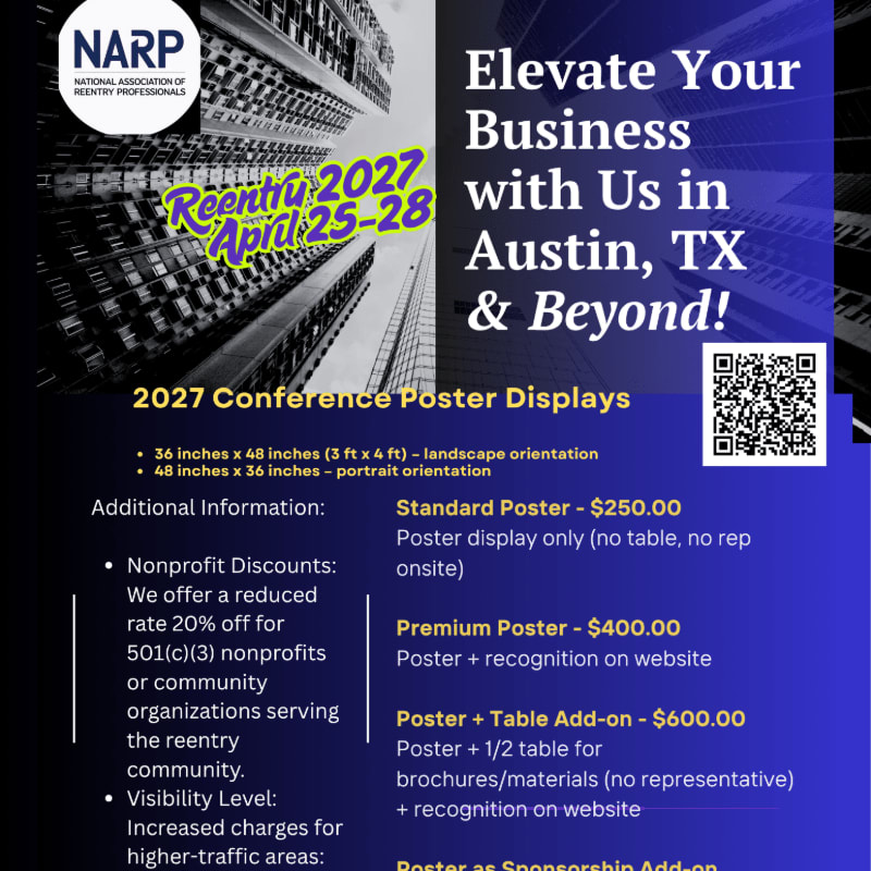 A poster for the NARP 2027 Conference in Austin, TX, features a cityscape background and details about poster display options and pricing in the foreground.